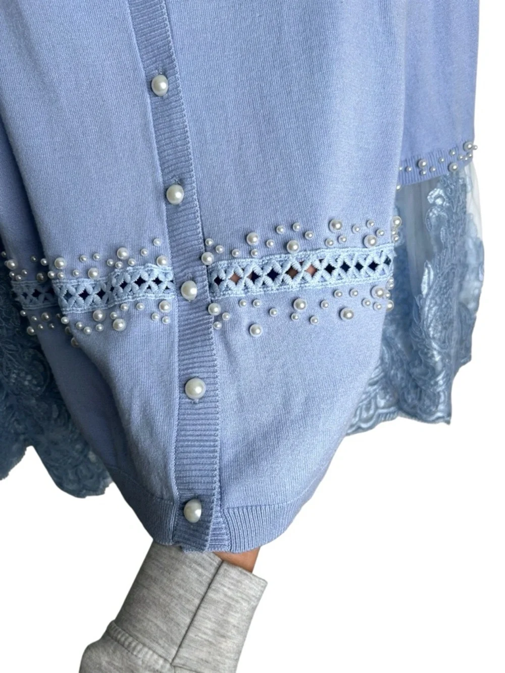 Boston Proper Pearl Embellished Lace Bell Sleeve Blue Cardigan Sweater Small